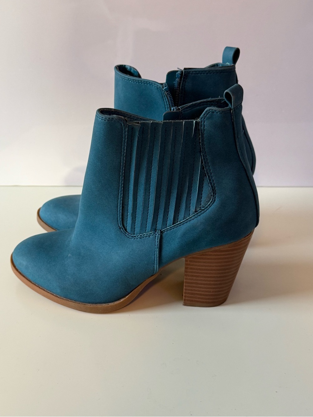 Blue Suede Ankle Booties with Stacked Heel